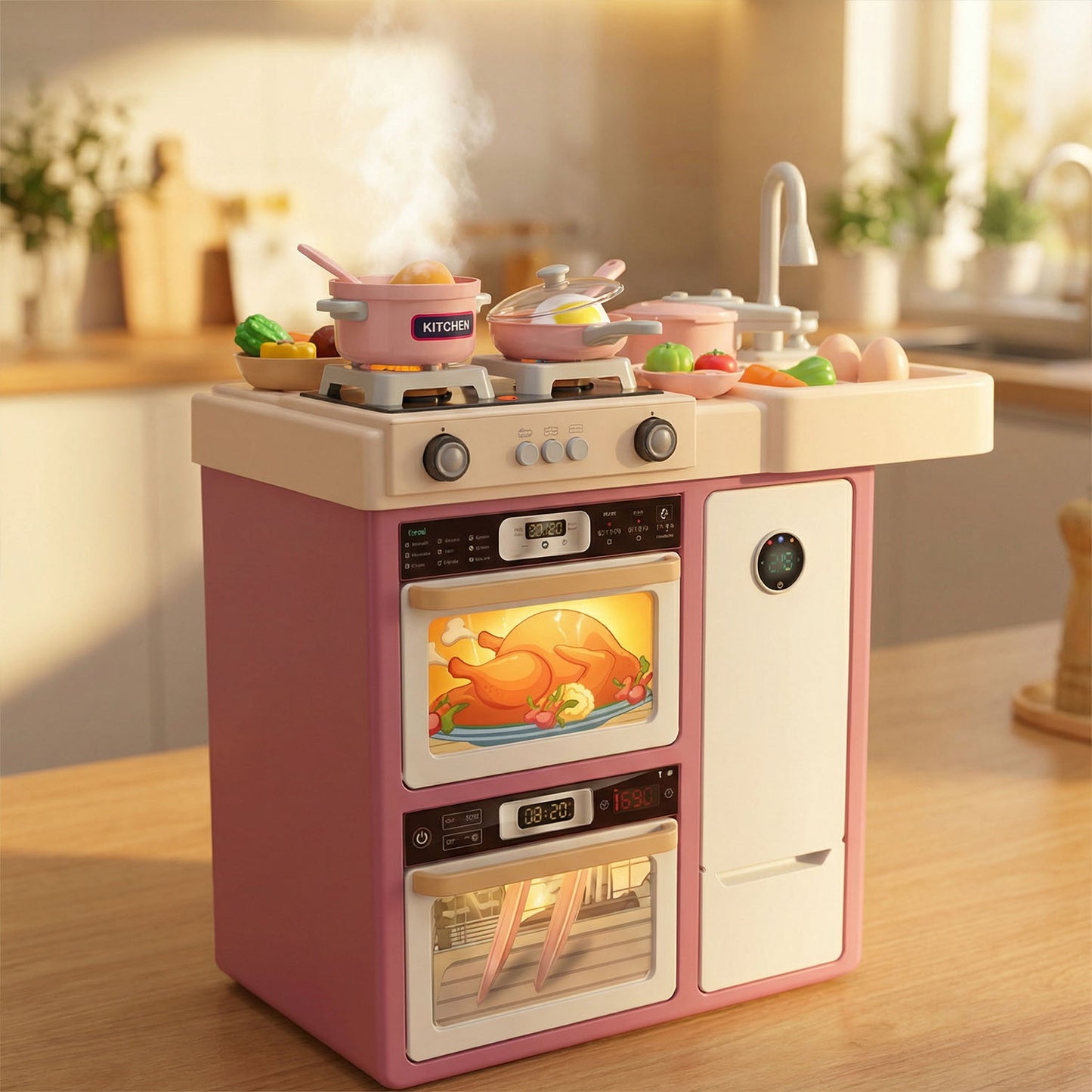 Children's toy kitchen set on a wooden surface with a blurred kitchen background