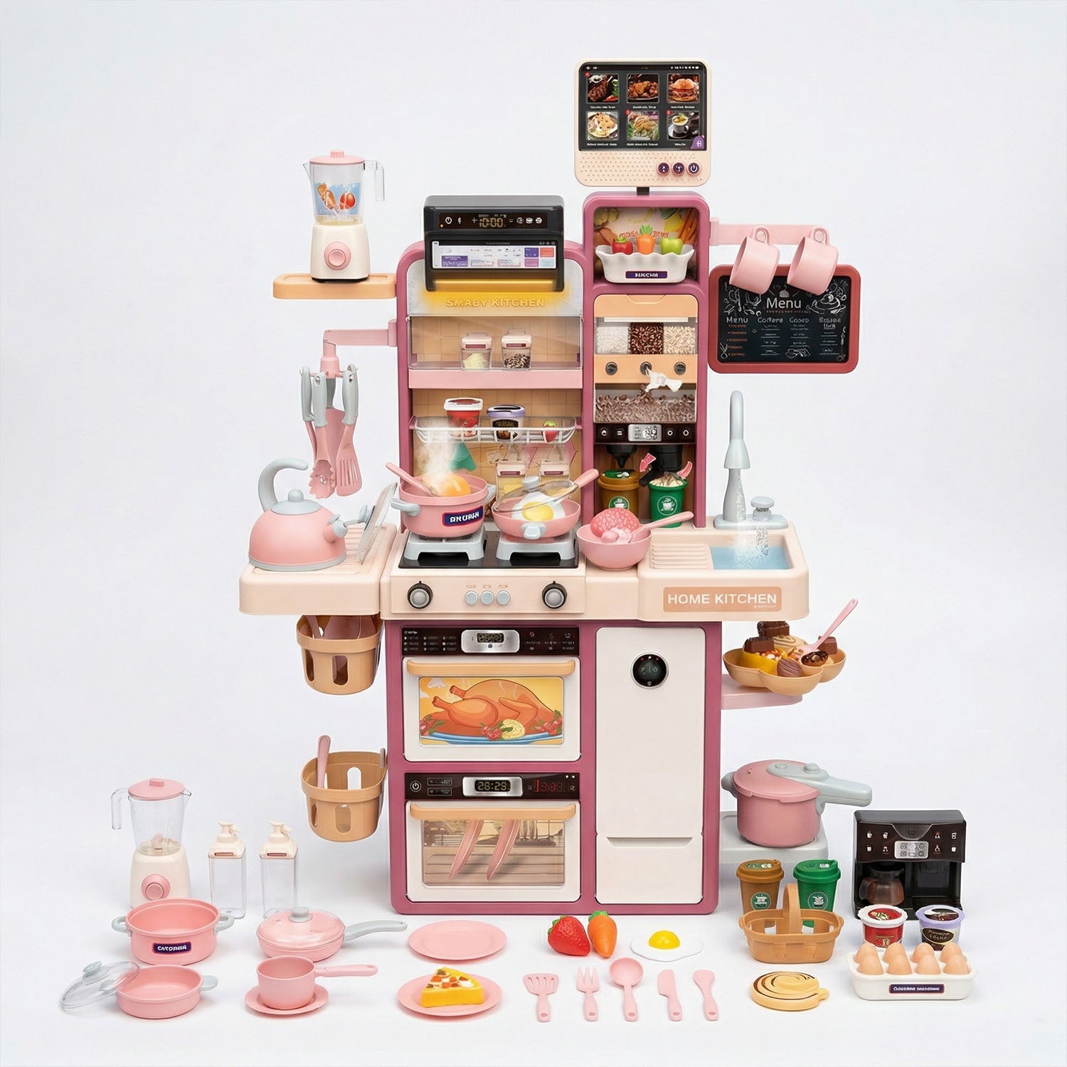 Pink toy kitchen set with various accessories 