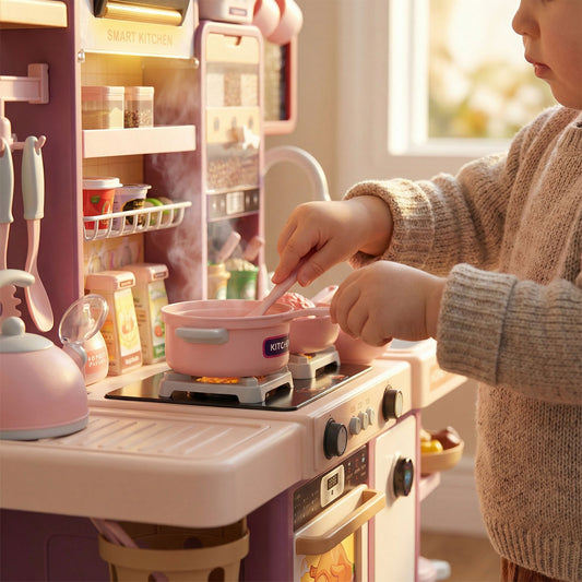 Child playing with a toy kitchen set in a bright room