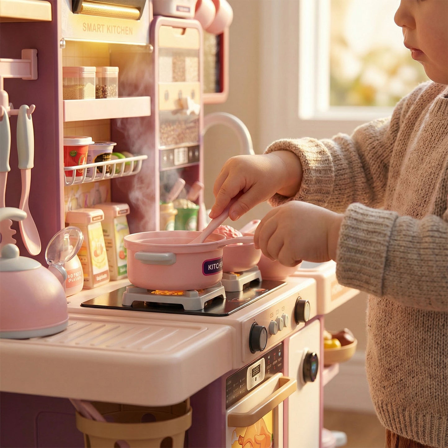 Child playing with a toy kitchen set in a bright room