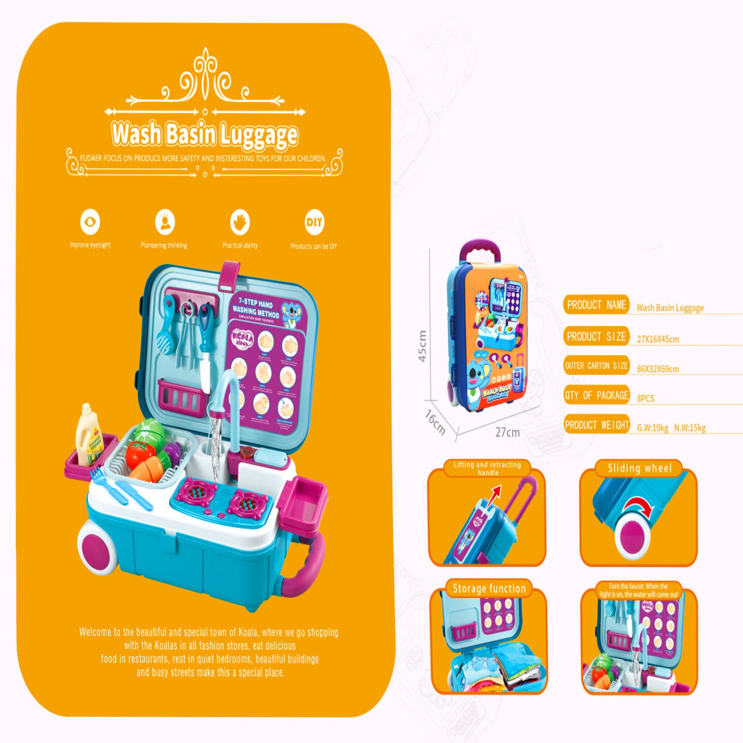 Kids wash basin luggage playset with wheels