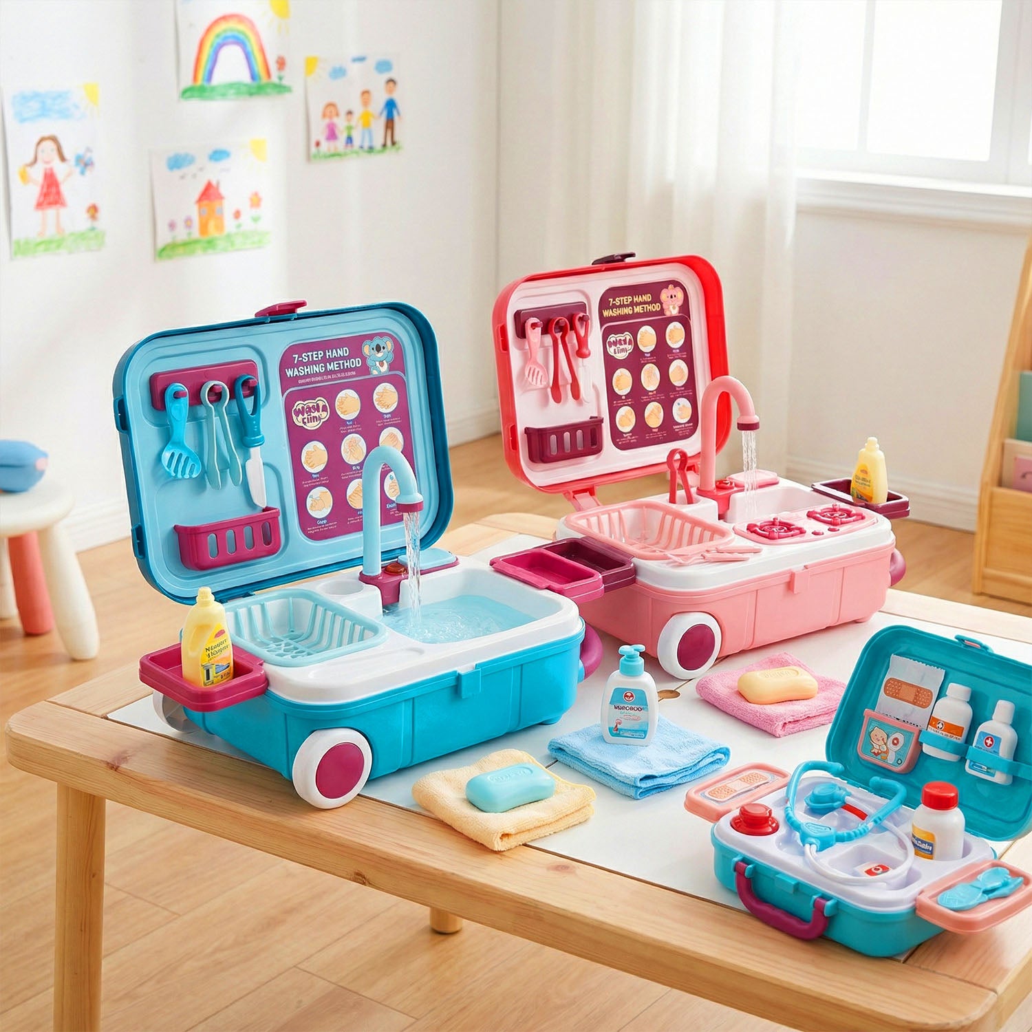 Kids rolling luggage sink playset