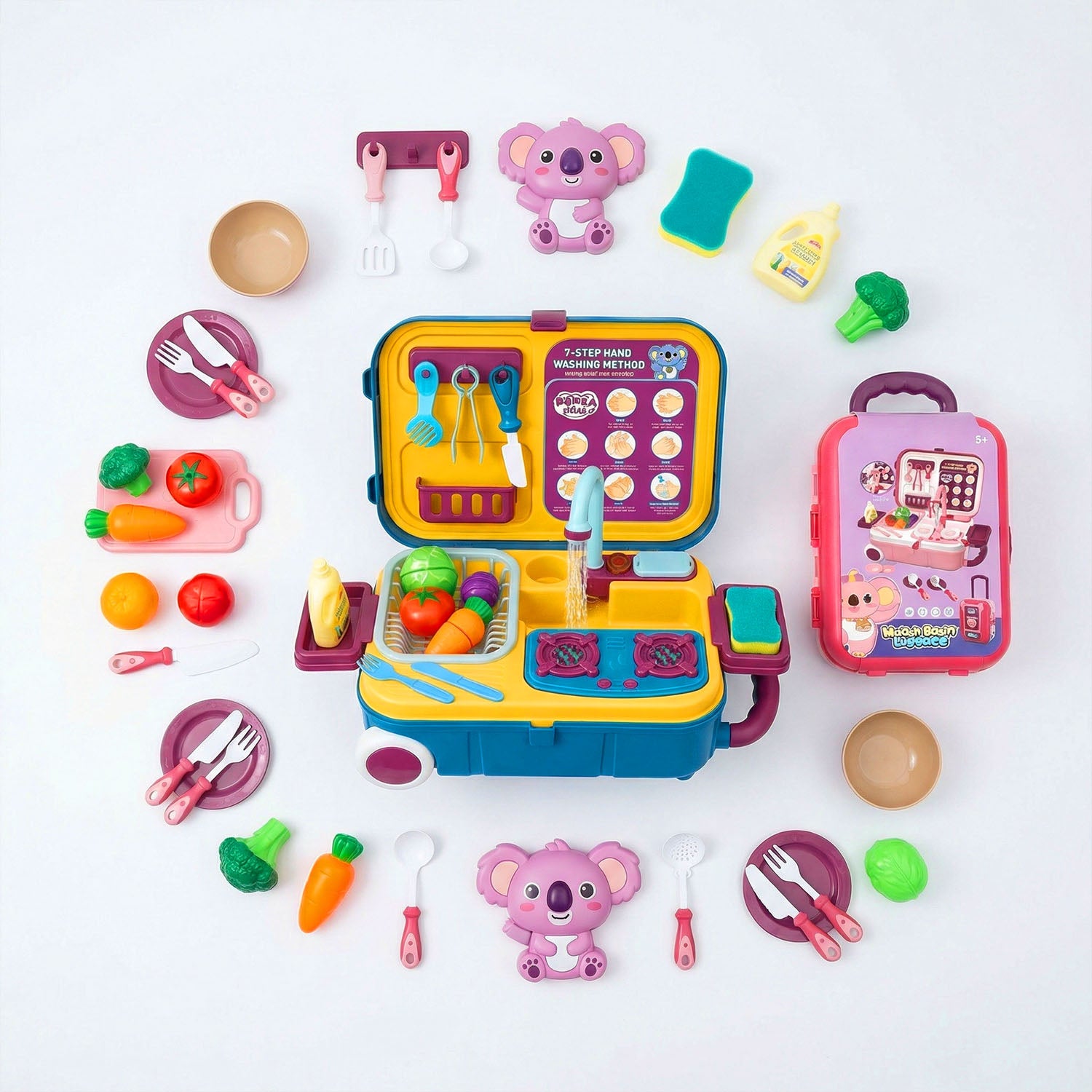 Kids rolling luggage sink playset