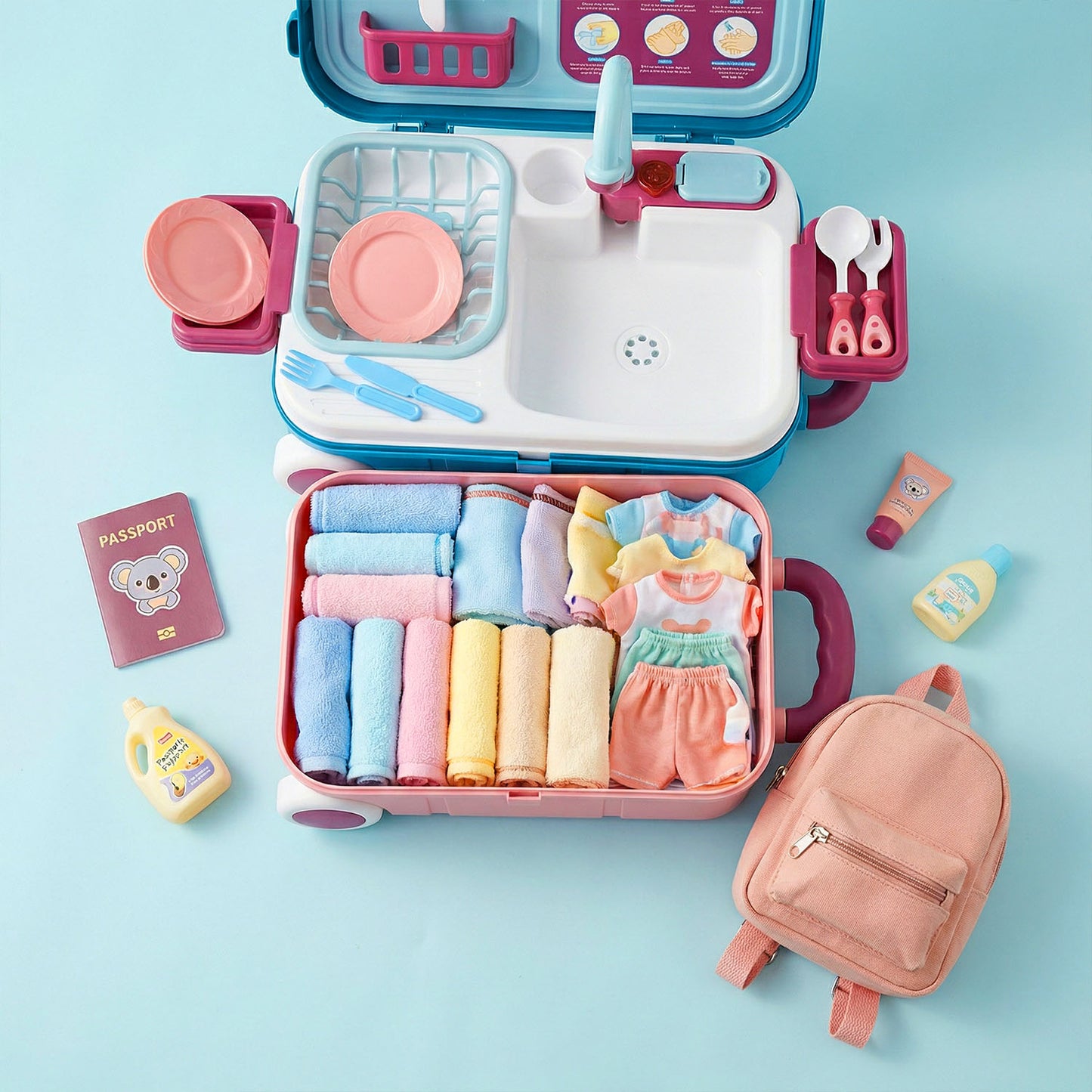 Kids rolling luggage sink playset