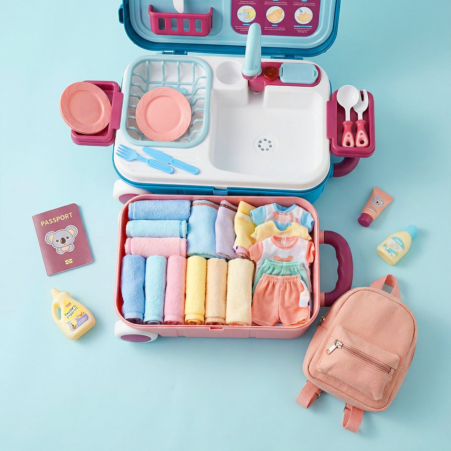 Kids rolling luggage sink playset