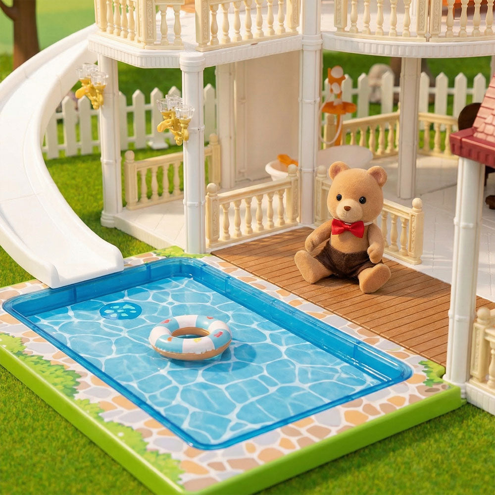 Toy pool with teddy bear and slide in a miniature house setting