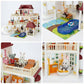 Collage of a toy dollhouse with various rooms and furniture.