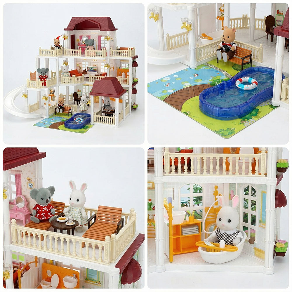 Collage of a toy dollhouse with various rooms and furniture.