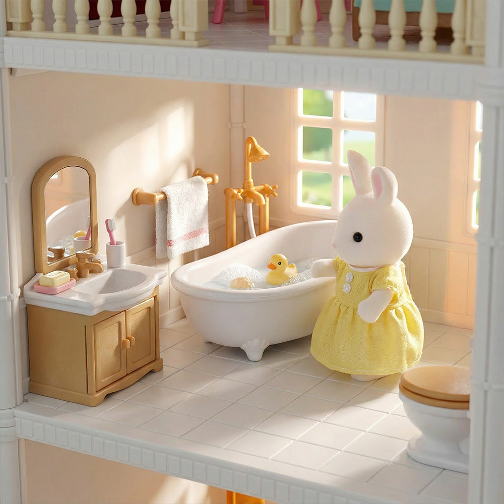 Luxury multi-story dollhouse mansion with furniture and figures