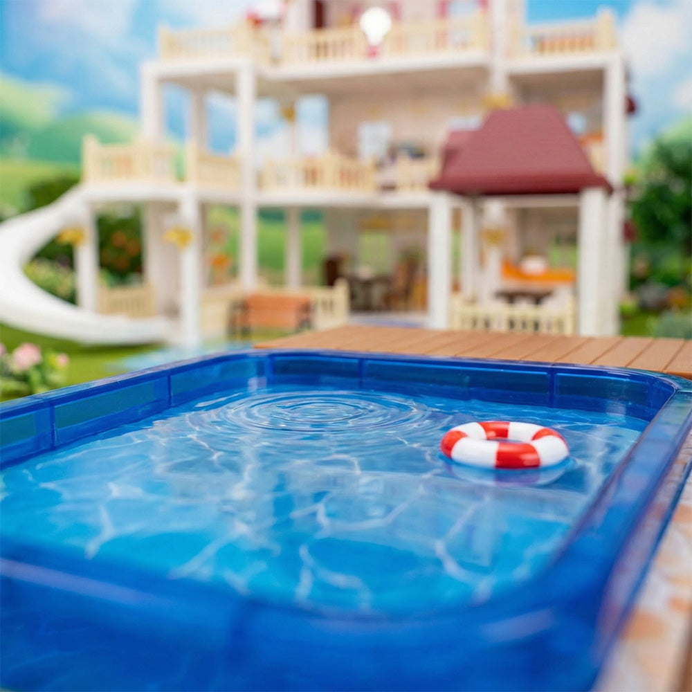 Children dollhouse mansion with animal figures