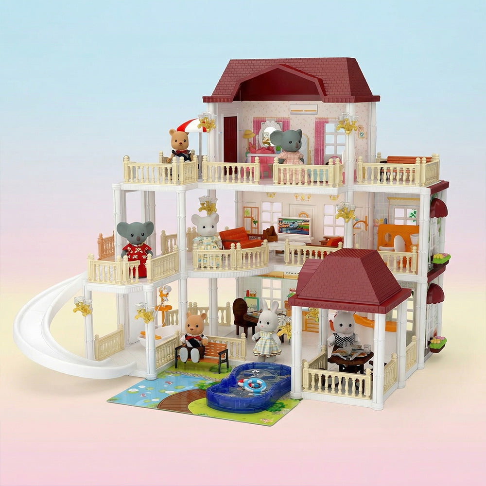 Kids dollhouse playset with rooms balconies and accessories