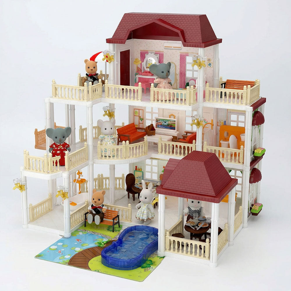 Toy dollhouse with multiple levels, furniture, and small figures 
