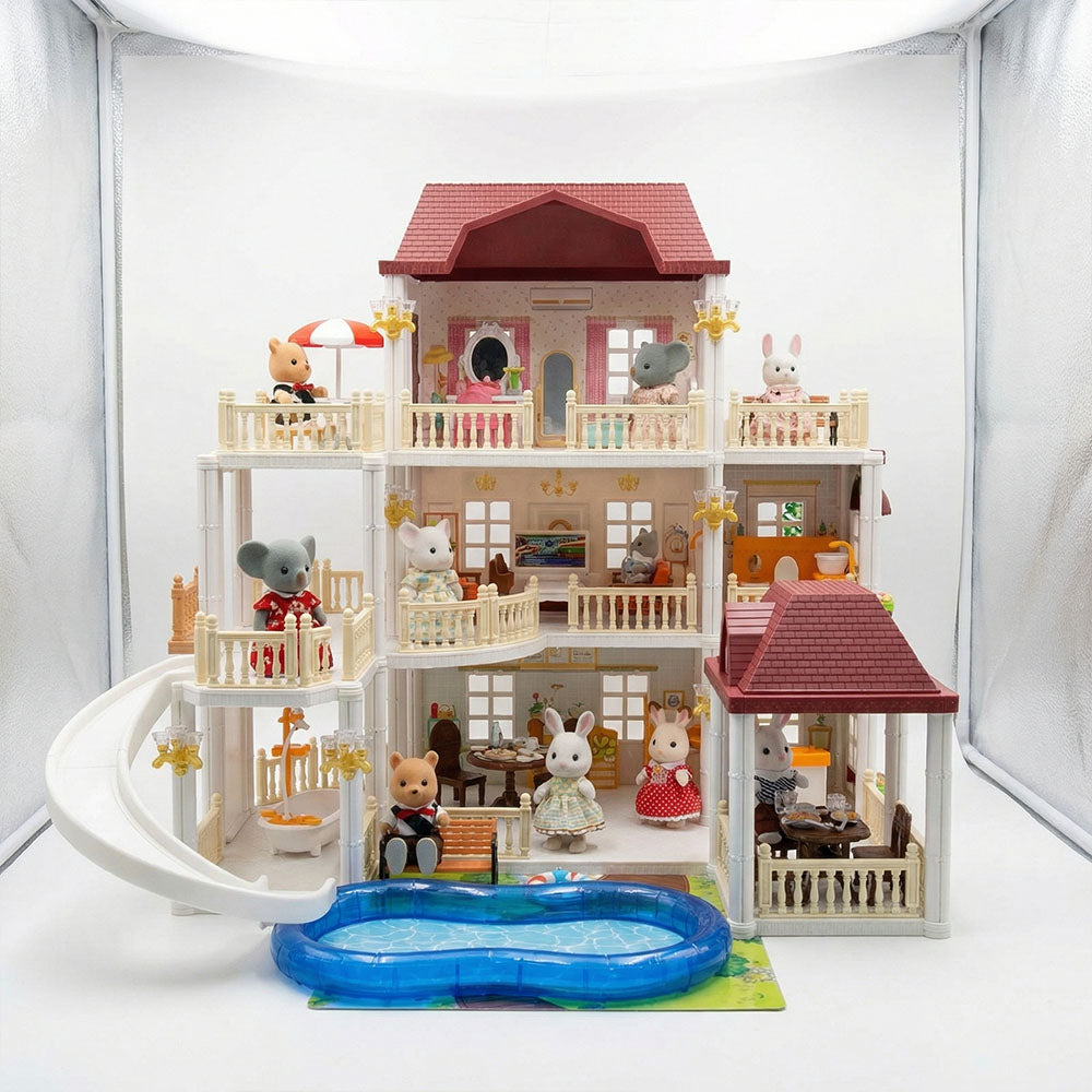 Kids dollhouse playset with rooms balconies and accessories
