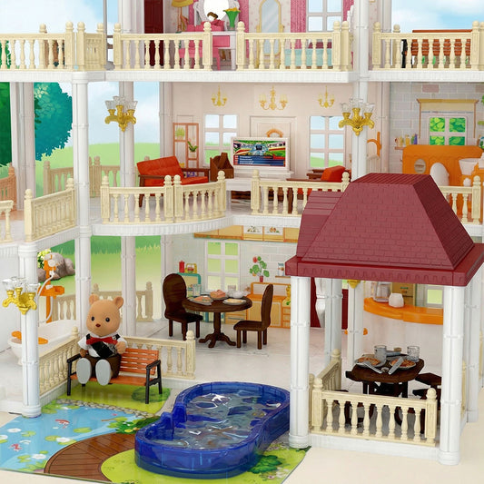 Toy dollhouse with multiple levels, furniture, and a teddy bear.