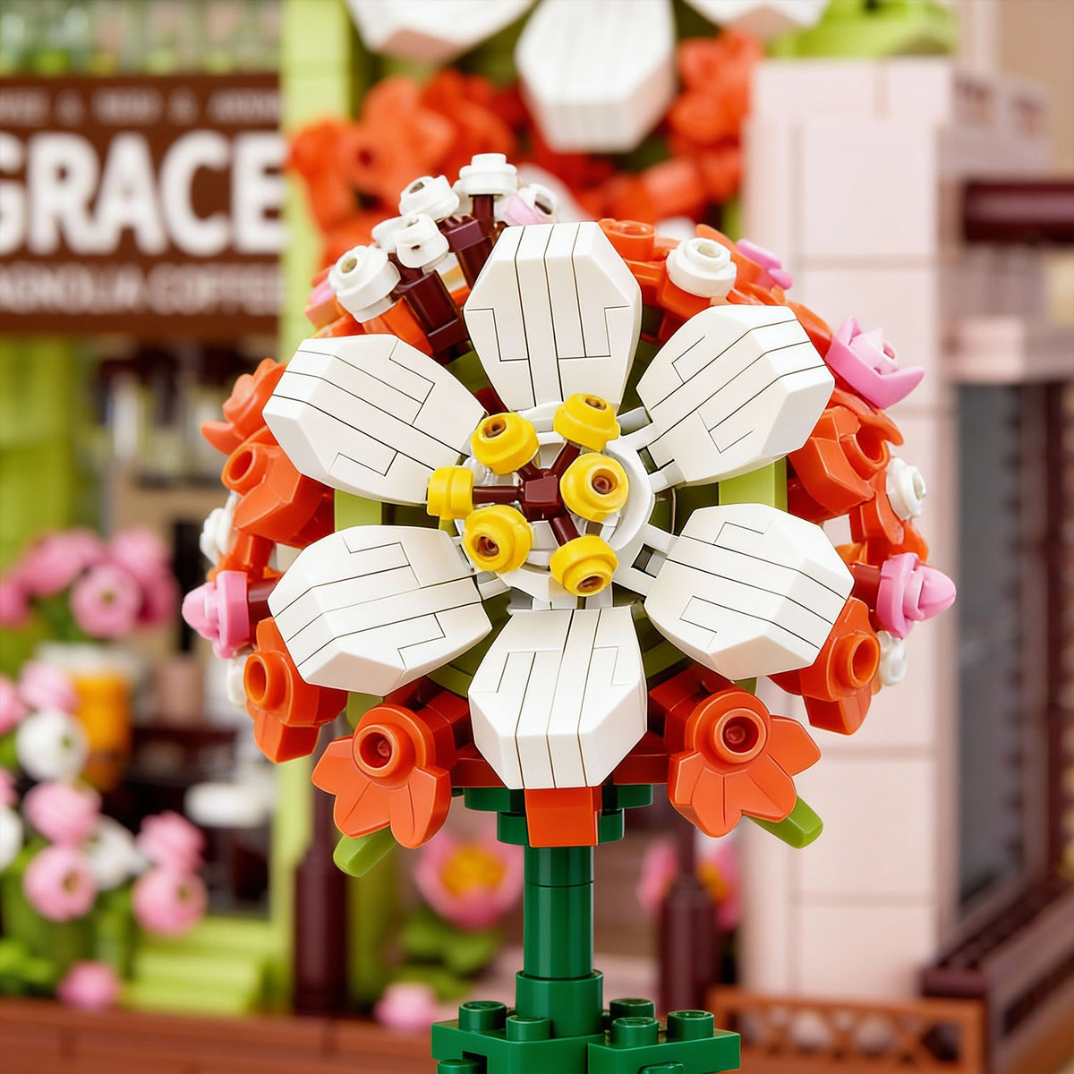 Magnolia Coffee flower building blocks set with floral café design and detailed architecture