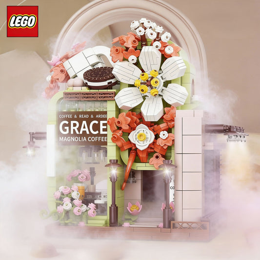 Elegant floral café building blocks set with interior and exterior details
