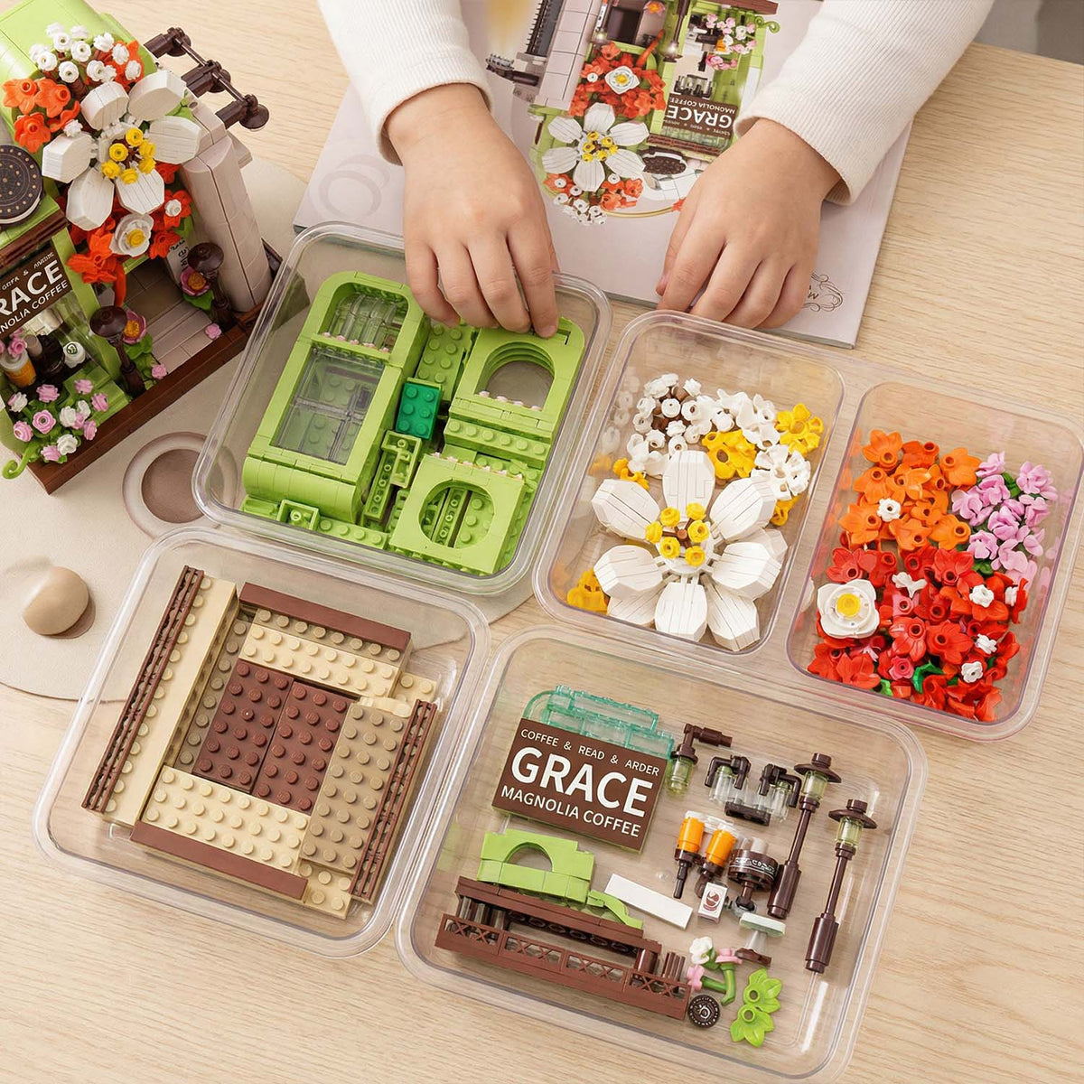 Magnolia Coffee flower building blocks set with floral café design and detailed architecture