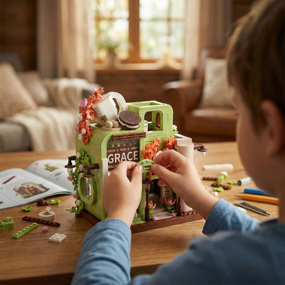 Elegant floral café building blocks set with interior and exterior details
