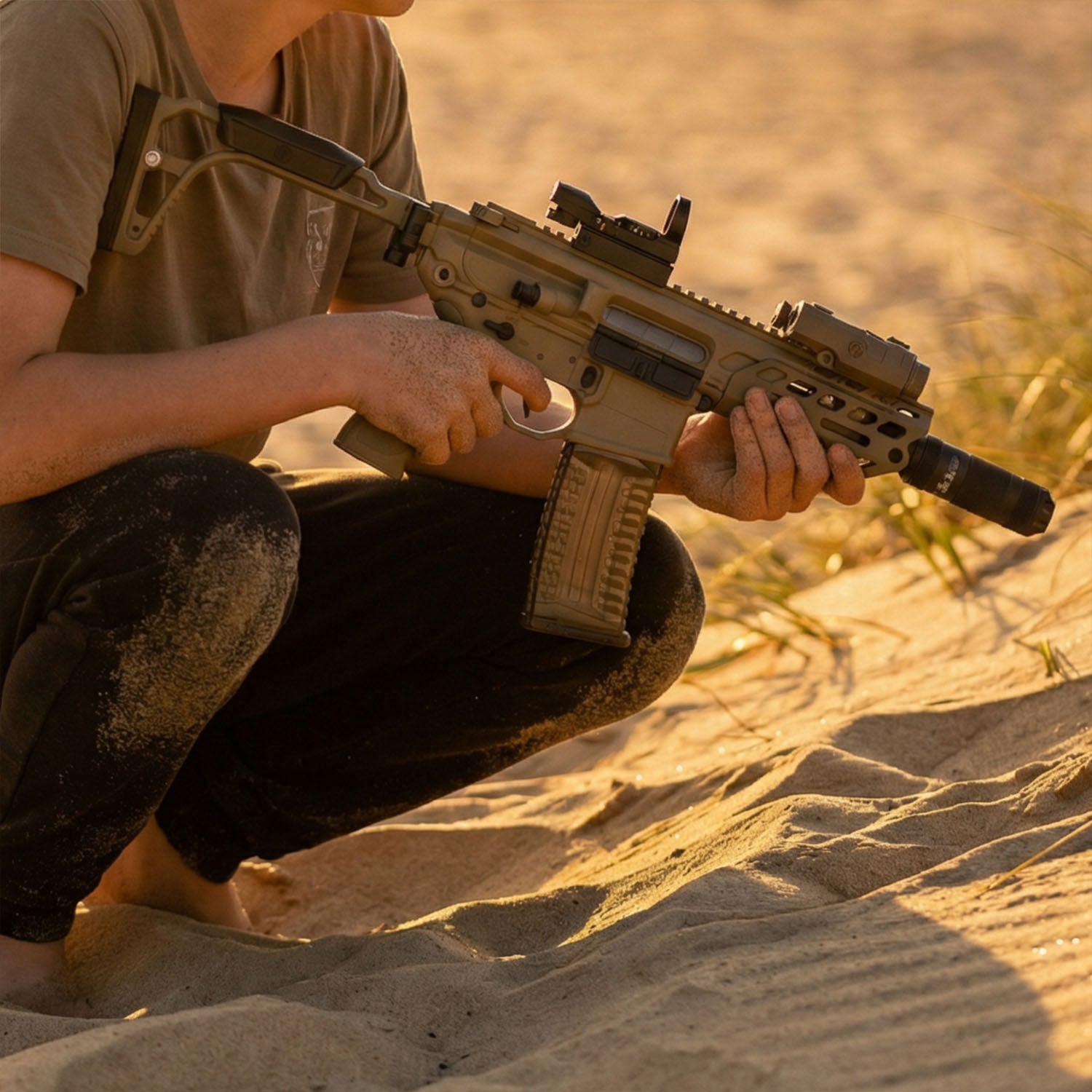 Tan MCX gel blaster style toy with foldable stock