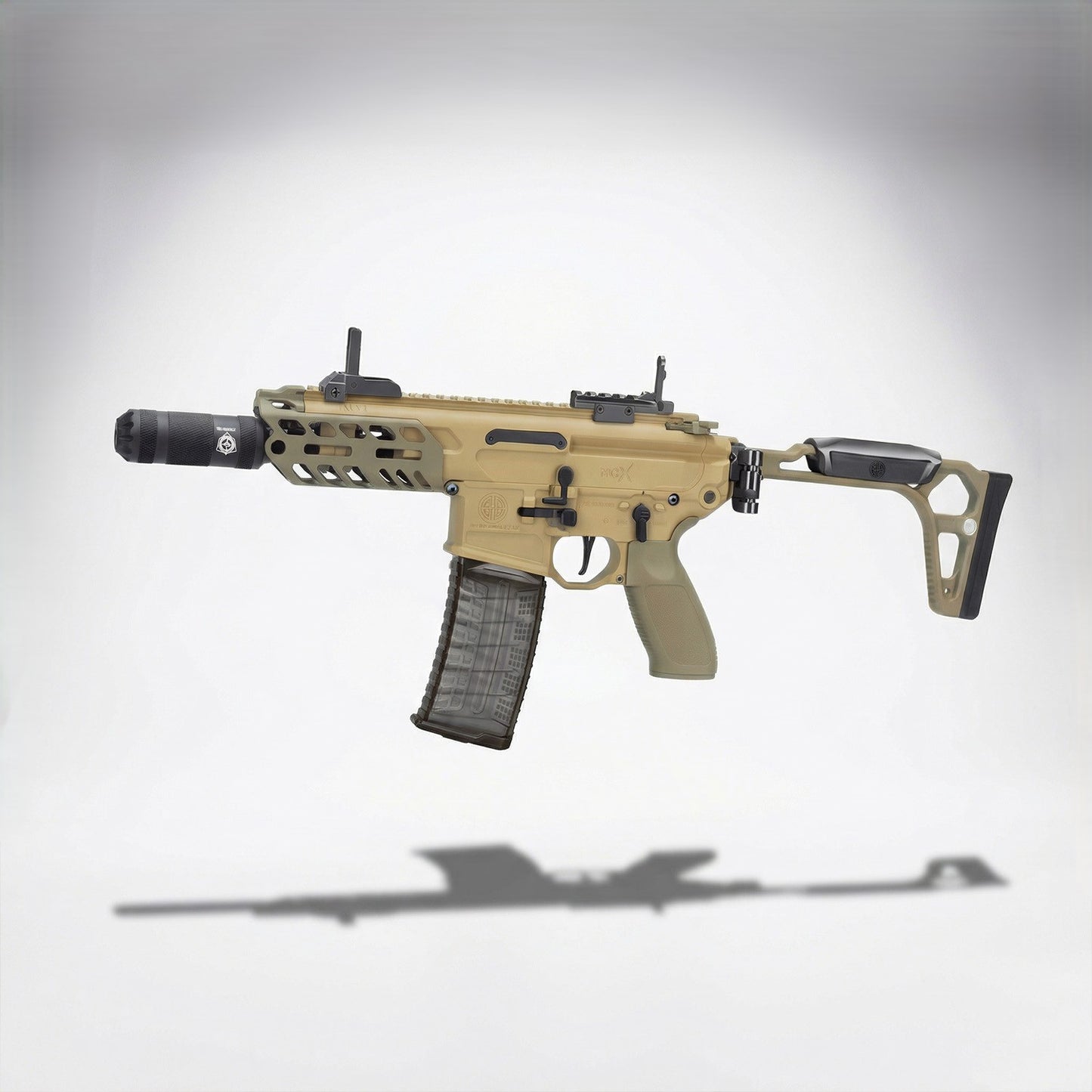 Tan MCX gel blaster style toy with foldable stock