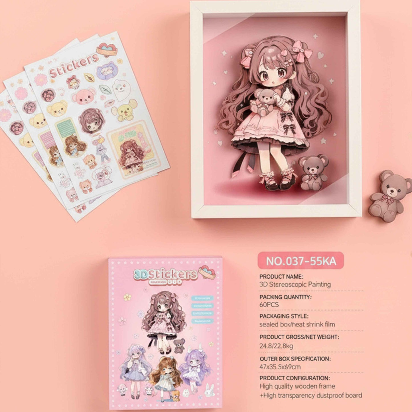 DIY 3D Stereoscopic Illustration with Wooden Frame – Cute Girl Design