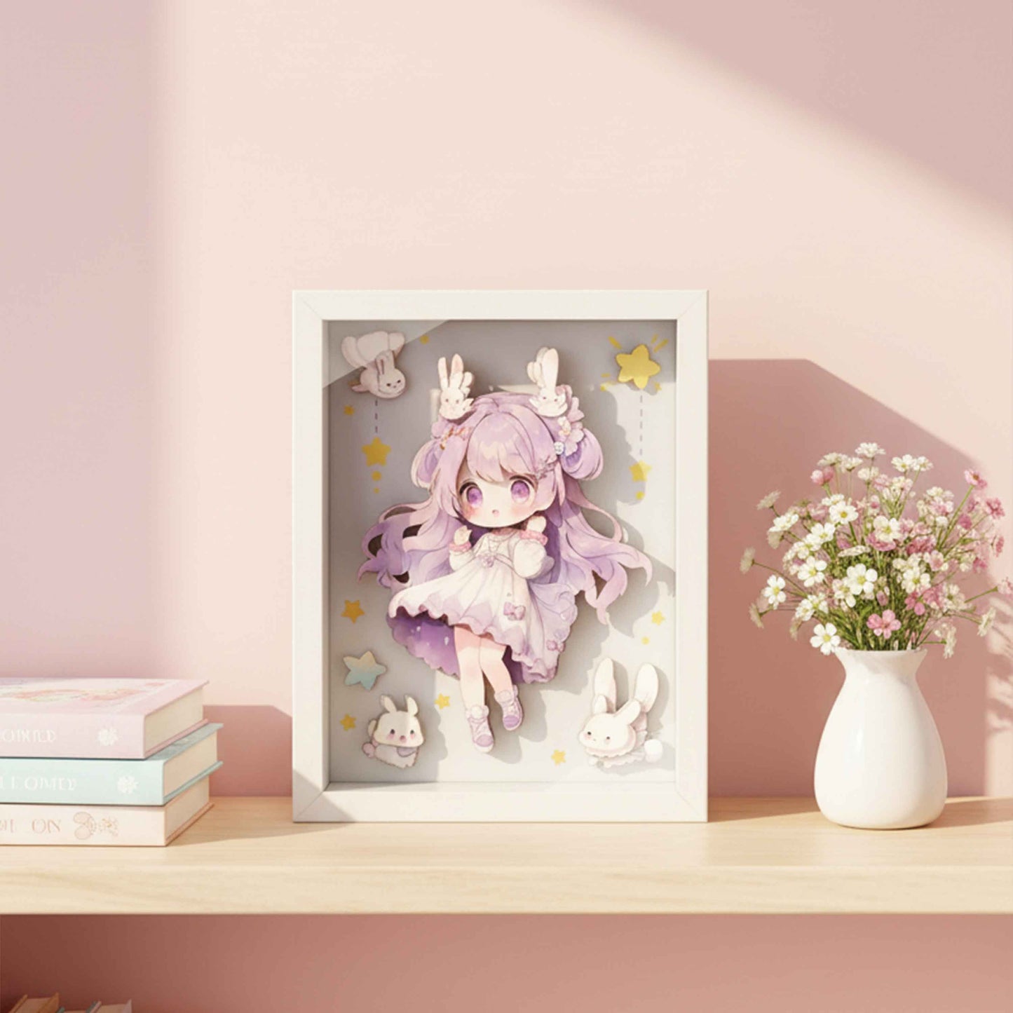 DIY 3D Sticker Frame Art (55PCS) – Cute Bunny Girl Room Decor, Wooden Frame (3+)