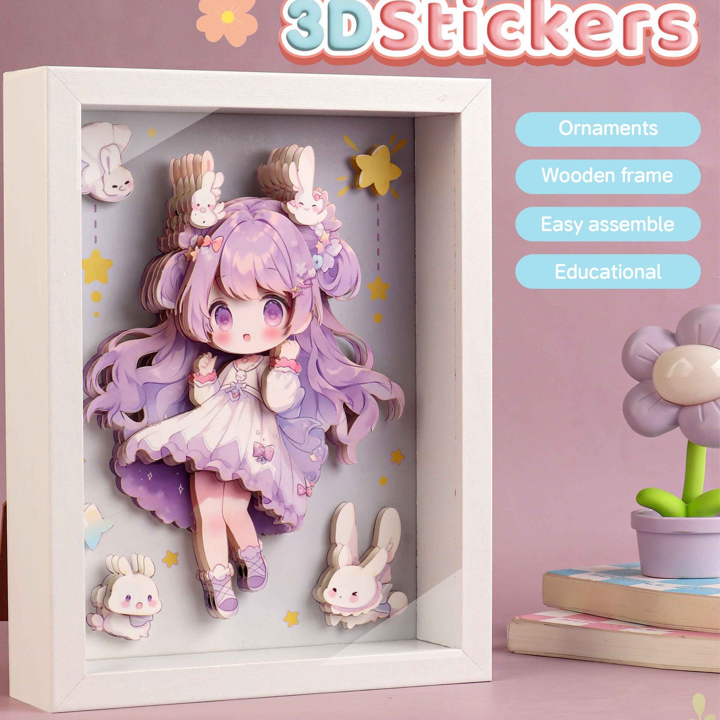 DIY 3D Sticker Frame Art (55PCS) – Cute Bunny Girl Room Decor, Wooden Frame (3+)