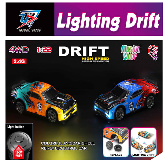 1:22 RC Drift Car 4WD 2.4GHz with LED Lights – USB Rechargeable (Blue/Red or Orange/Teal)