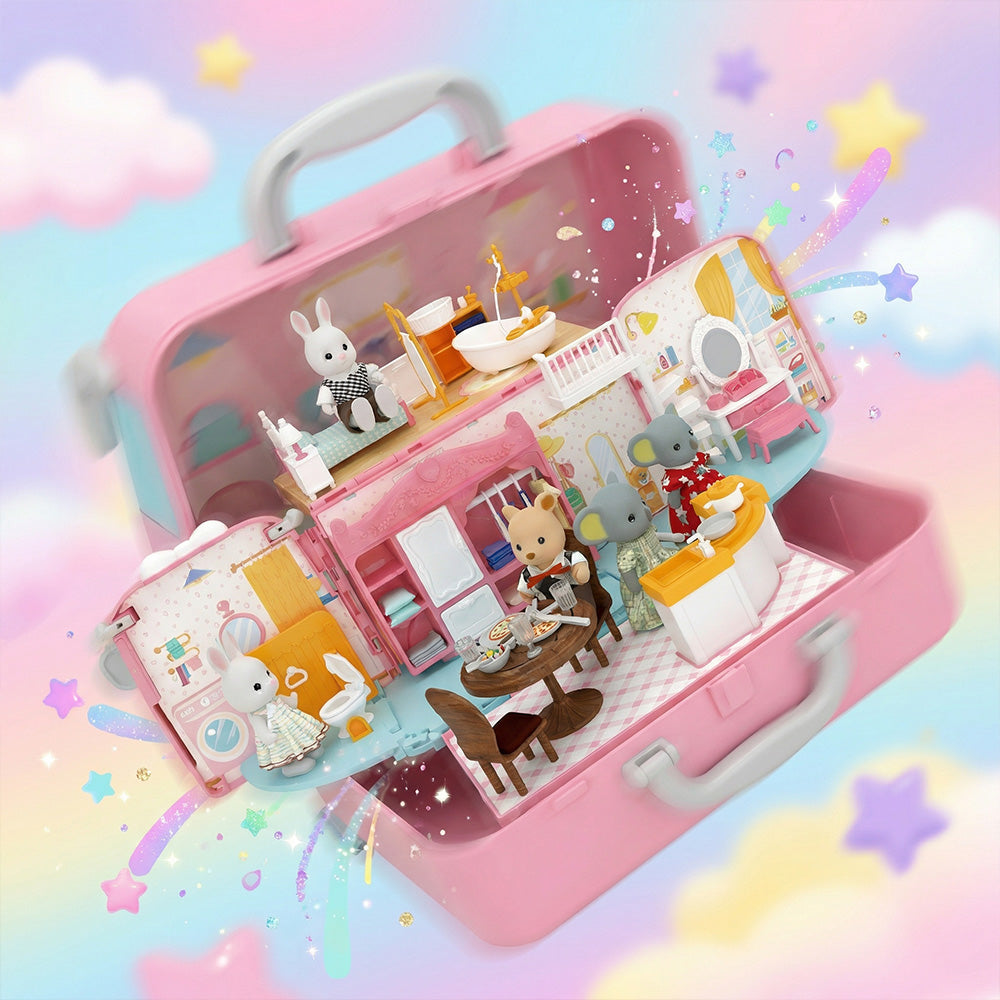 Portable Pretend Play Dollhouse with Figures & Furniture