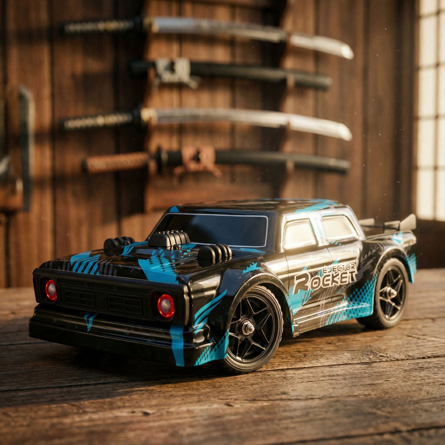 Model car with 'Super Rocket' branding on a wooden surface with a wooden shelf in the background.