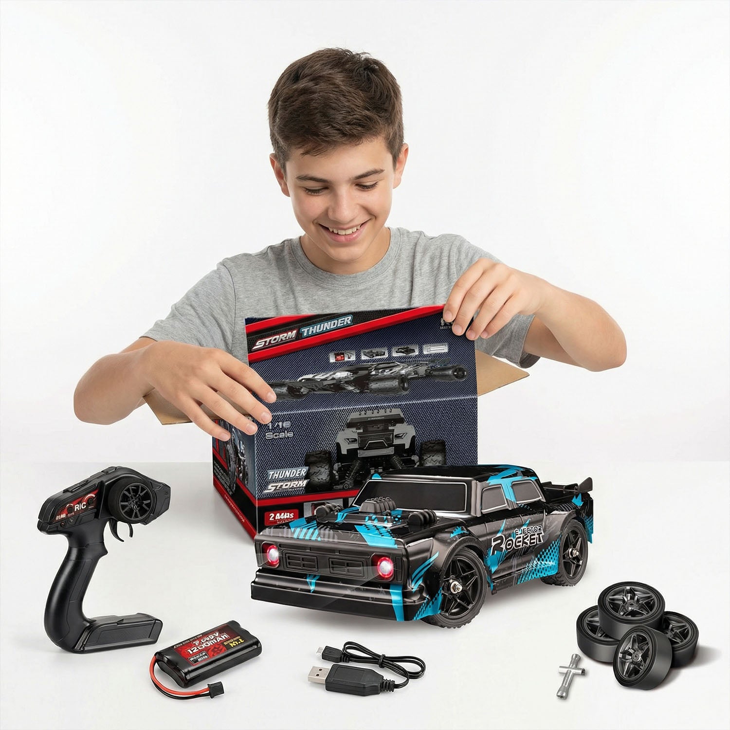 Blue remote control drift car with LED demon eye lights