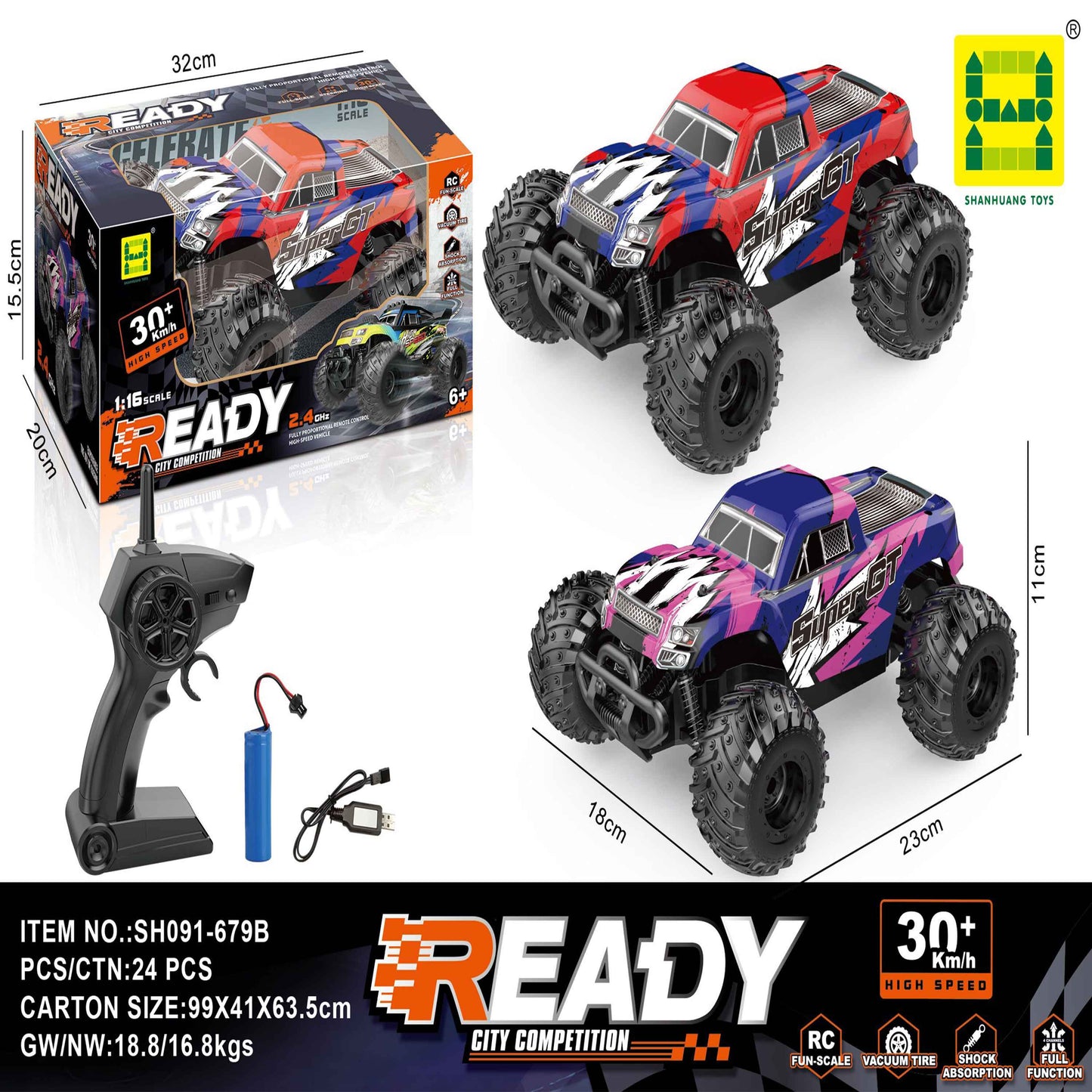 READY 1:16 RC Monster Truck 2.4GHz (30+ km/h) Rechargeable USB – For Kids 6+