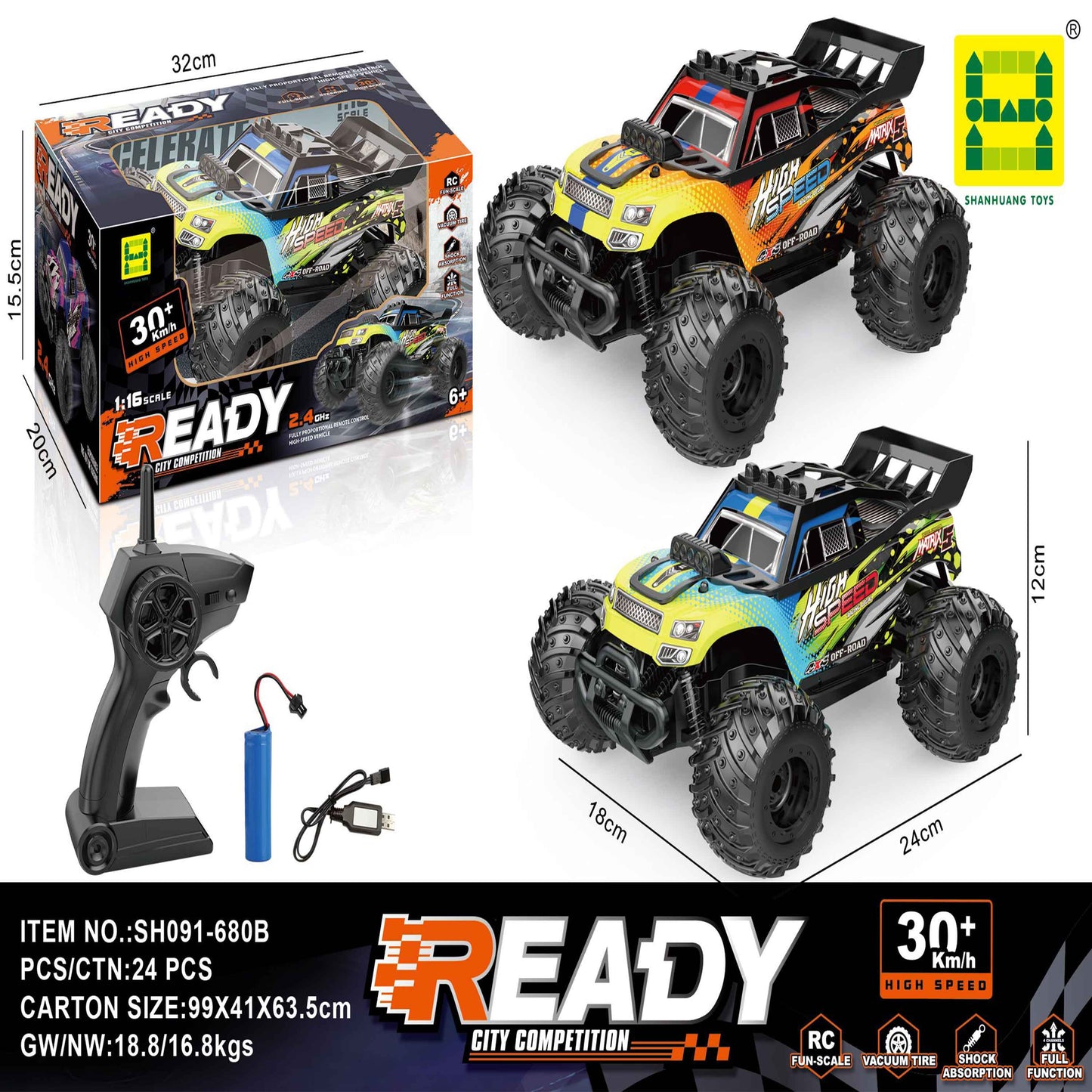 READY 1:16 RC Monster Truck (Orange/Black) 2.4GHz