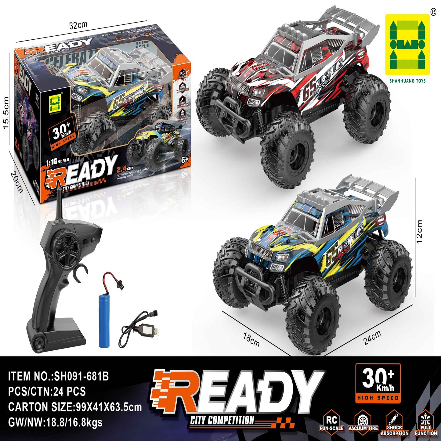READY 1:16 RC Monster Truck (Red/Black) 2.4GHz 30+ km/h USB Rechargeable – Kids 6+