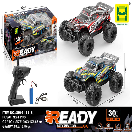 READY 1:16 RC Monster Truck (Red/Black) 2.4GHz 30+ km/h USB Rechargeable – Kids 6+