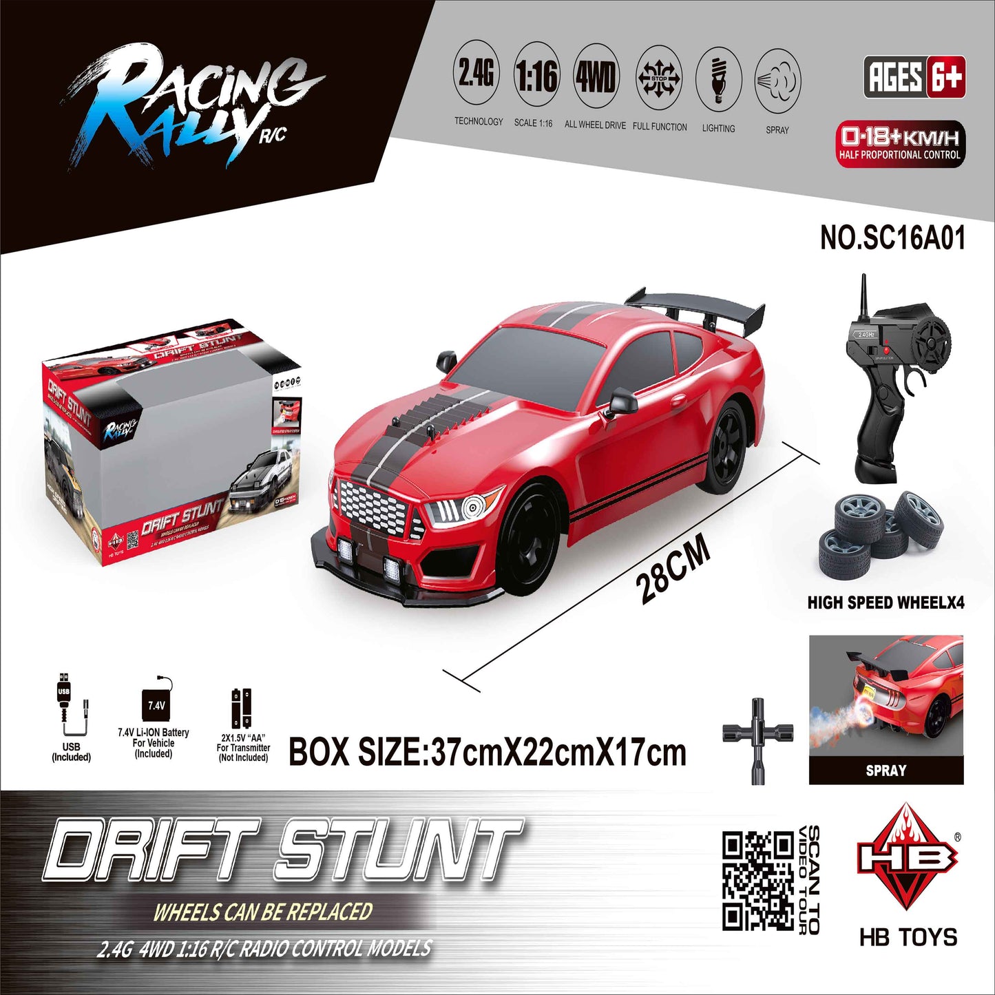 1:16 4WD RC Drift Mustang with LED Lights & Spray Effect