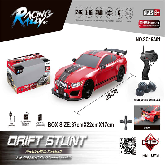 1:16 4WD RC Drift Mustang with LED Lights & Spray Effect