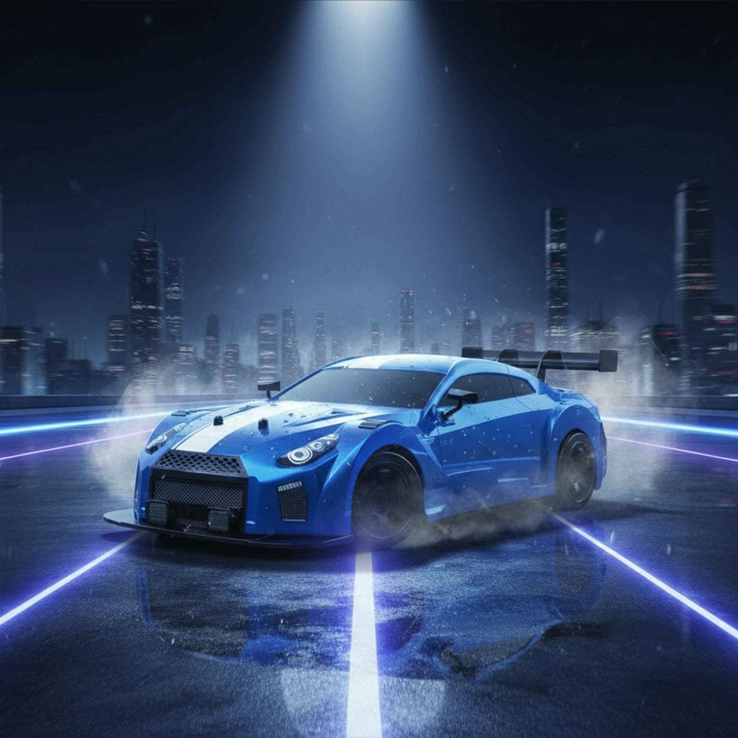 Blue Skyline GTR 1:16 4WD RC Drift Stunt Car with Spray Effect & LED Lights