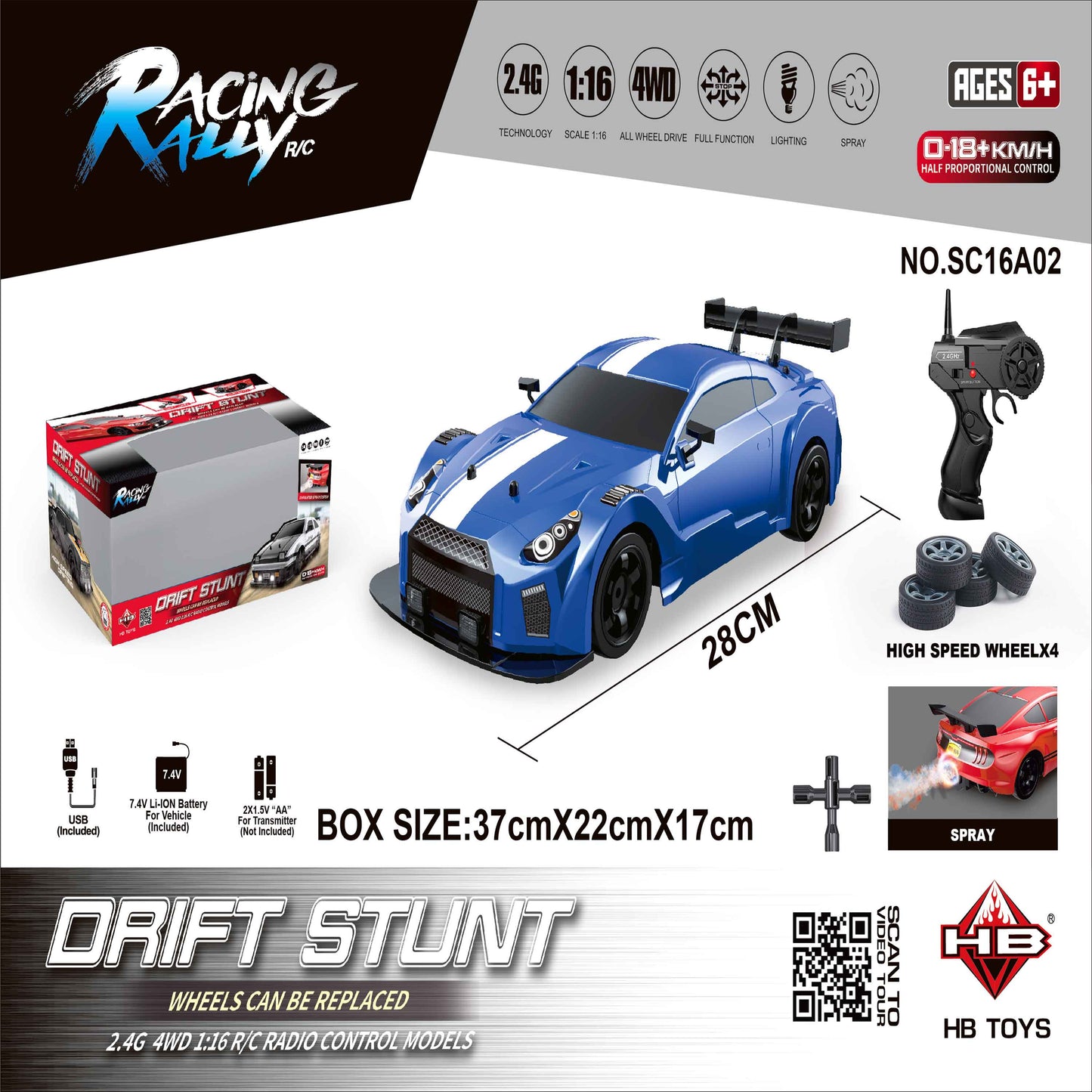 Blue Skyline GTR 1:16 4WD RC Drift Stunt Car with Spray Effect & LED Lights