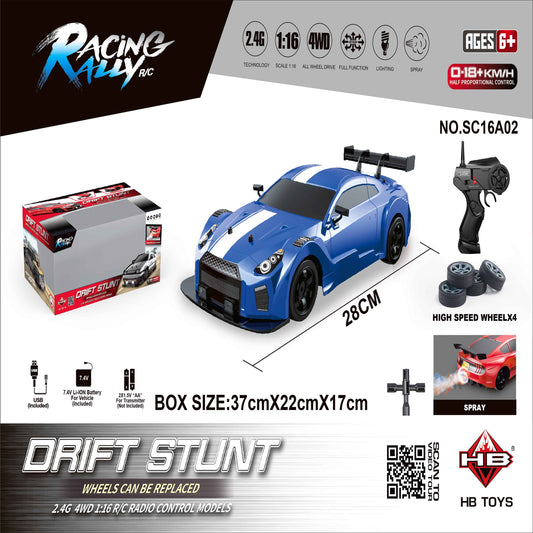 Blue Skyline GTR 1:16 4WD RC Drift Stunt Car with Spray Effect & LED Lights