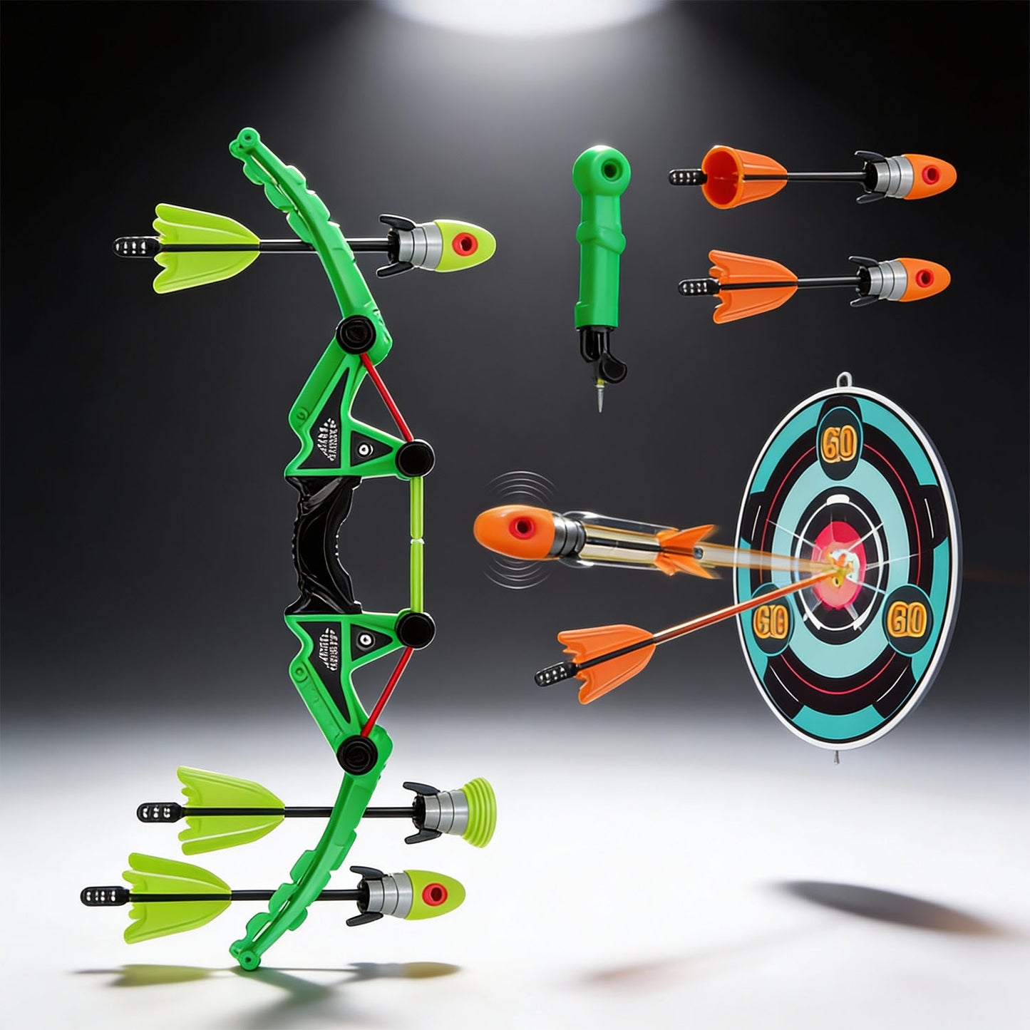 Toy bow and arrow set with arrows hitting a target on a dark background