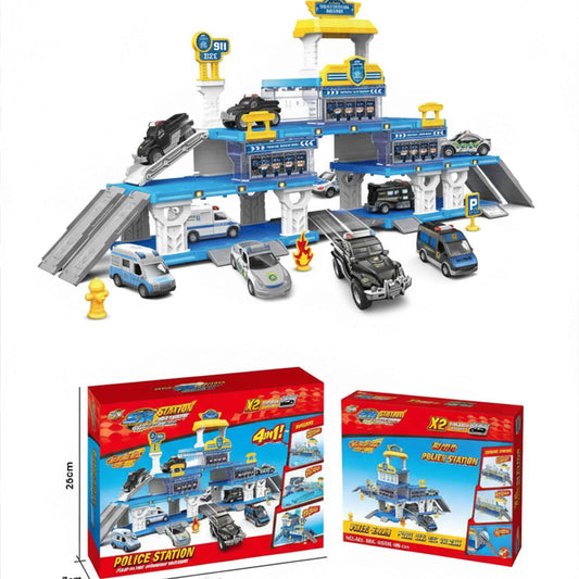 Police Station 4-in-1 Parking Garage Playset + 2 Die-Cast Cars