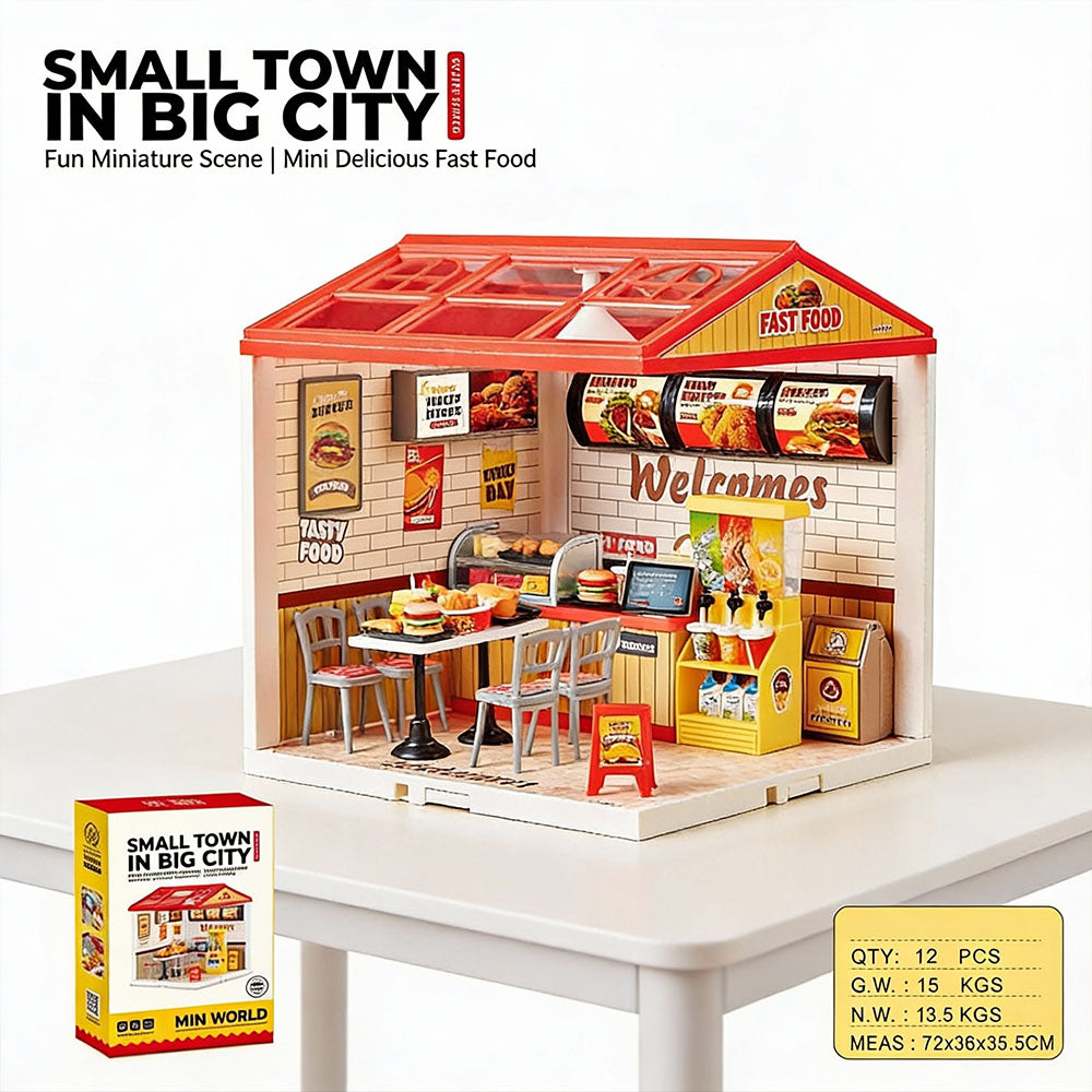 Small Town in Big City DIY mini fast food shop miniature scene set 125pcs

DIY mini world miniature fast food restaurant model kit with counter and décor

Mini delicious fast food shop miniature scene with menu boards and seating

Creative DIY miniature restaurant scene kit finished size 19x19x21.5cm

DIY mini world fast food shop miniature display model kit