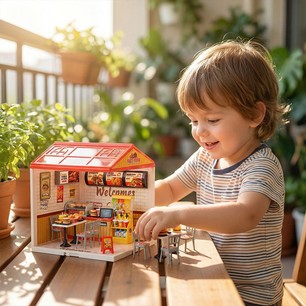 DIY mini world miniature fast food restaurant model kit with counter and décor