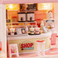 Mini milk tea café miniature house scene set with stools menu and display counter