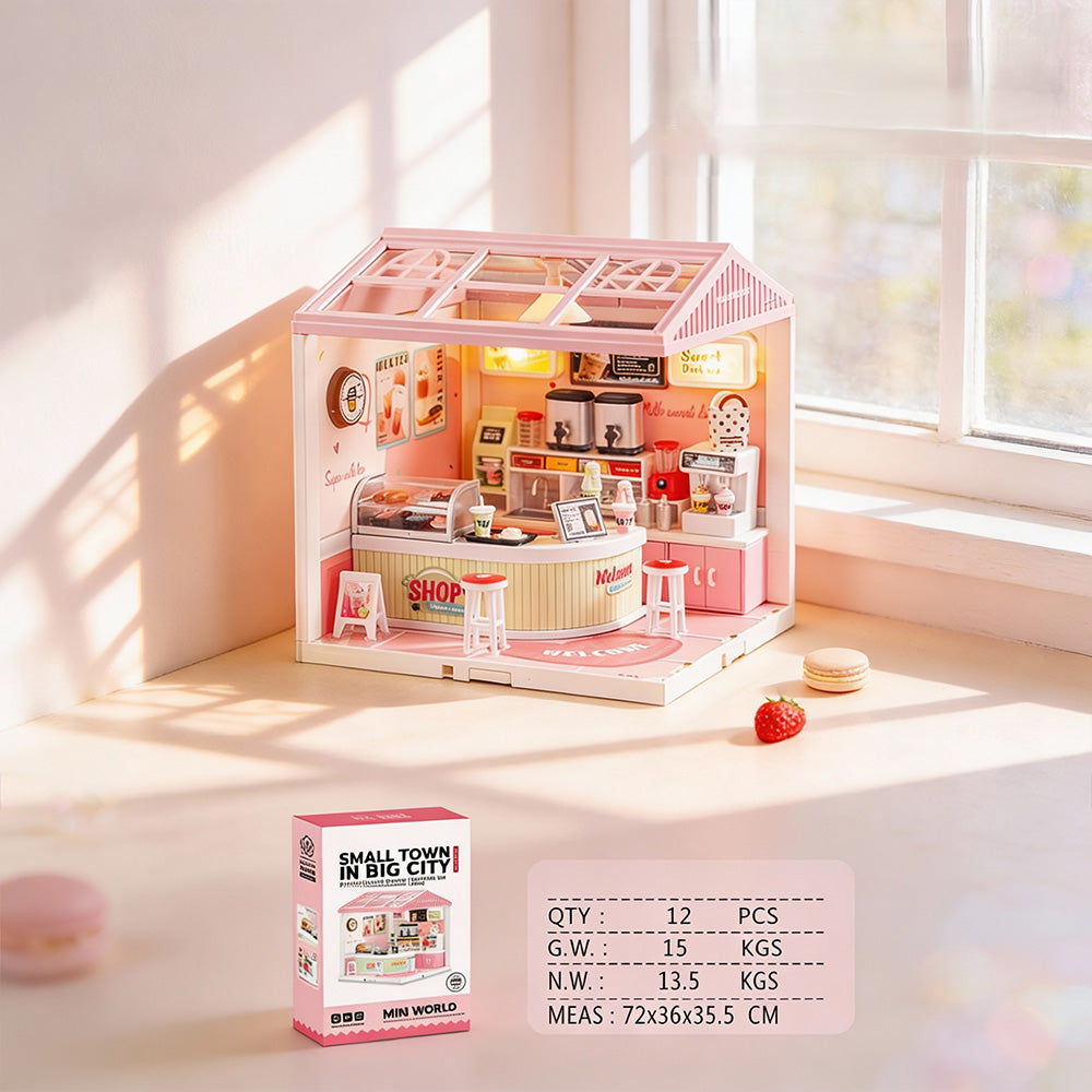 Small Town in Big City DIY mini milk tea shop miniature scene set 138pcs

DIY mini world miniature bubble tea shop model kit with café counter décor

Mini milk tea café miniature house scene set with stools menu and display counter

Creative DIY miniature shop scene kit finished size 19x19x21.5cm

DIY mini world milk tea shop miniature model display set