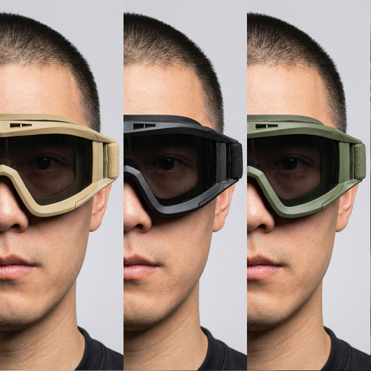 Three different styles of goggles worn by a person on a gray background
