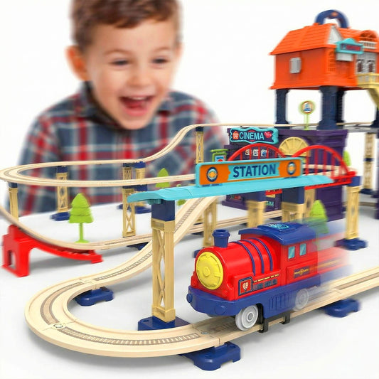 Kids portable train city toy with tracks and buildings