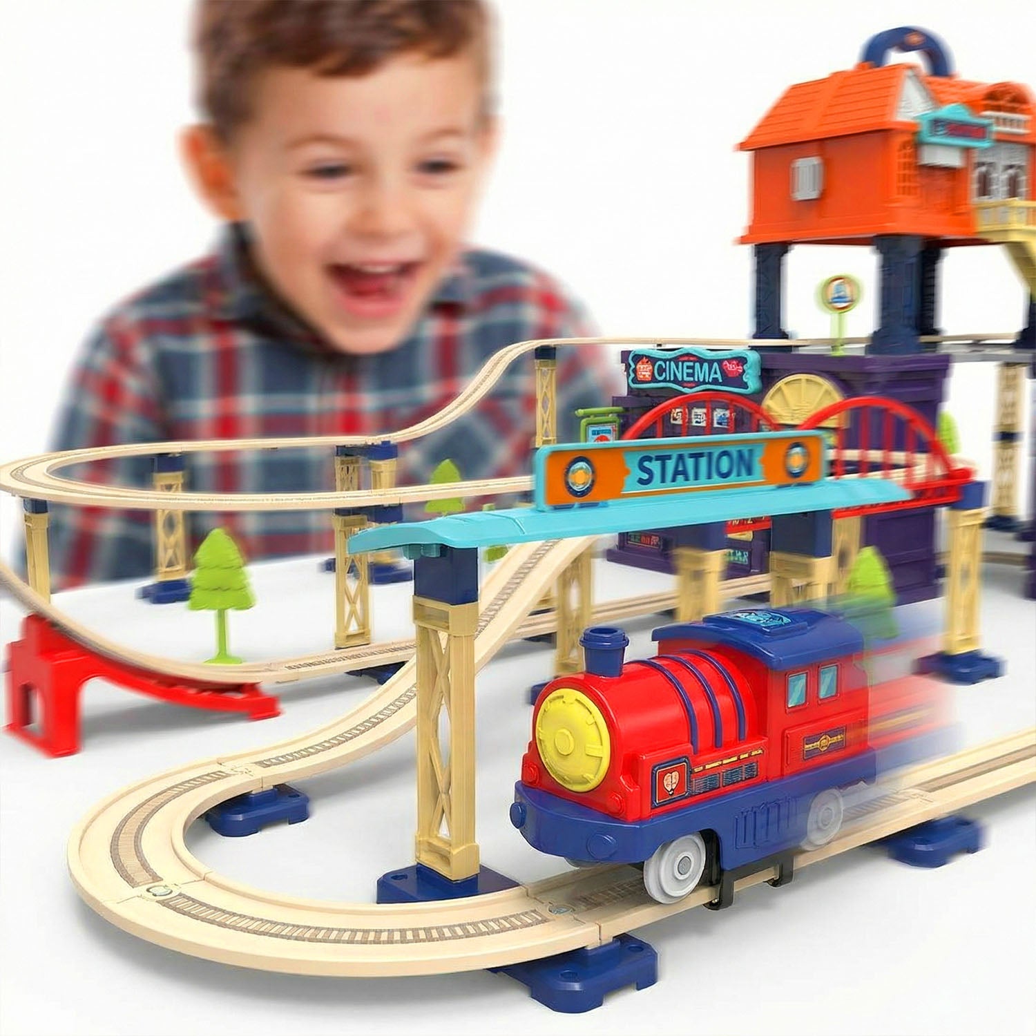 Kids portable train city toy with tracks and buildings