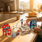 Children train track toy set with bridges and buildings
